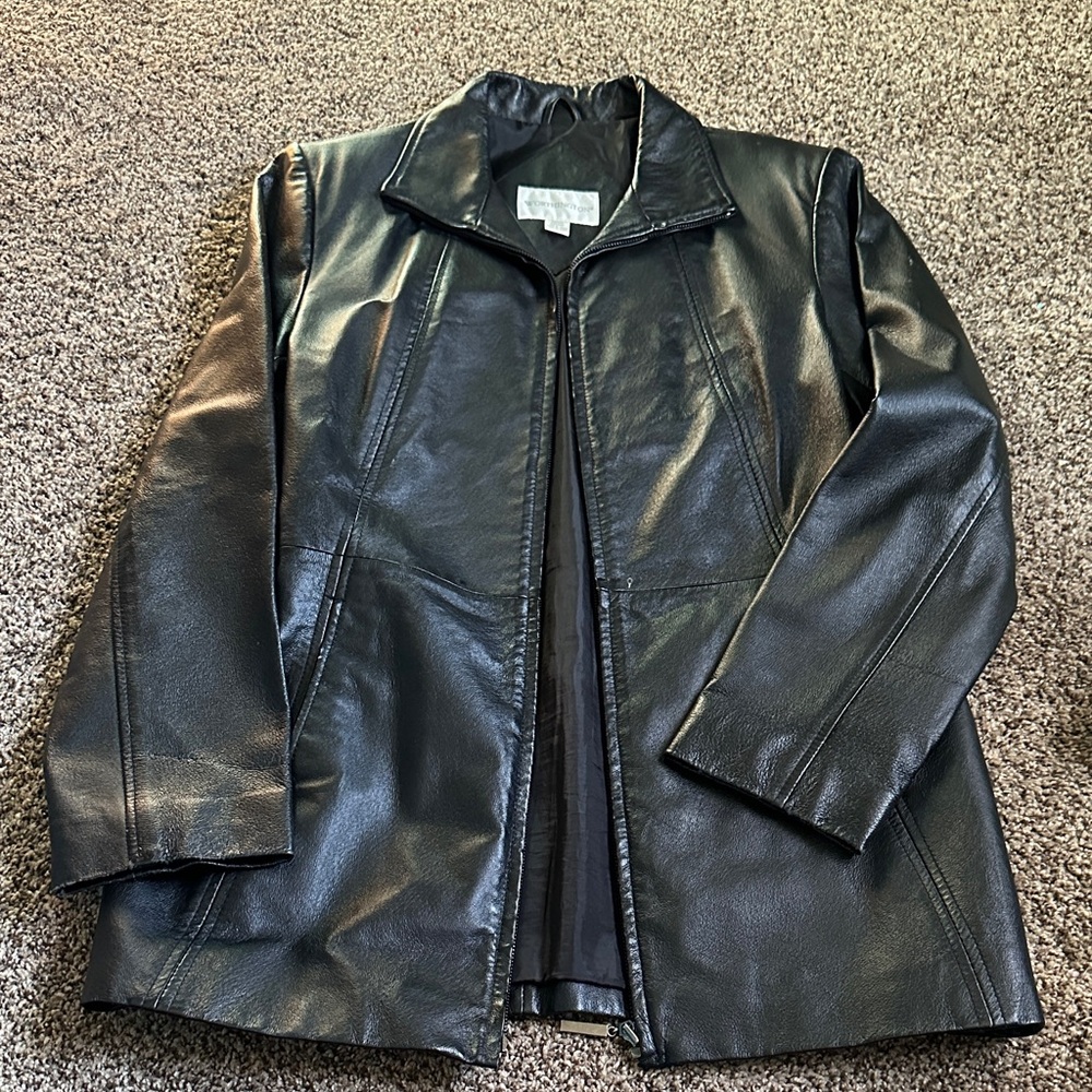 Worthington Black Leather Trench Coat Medium